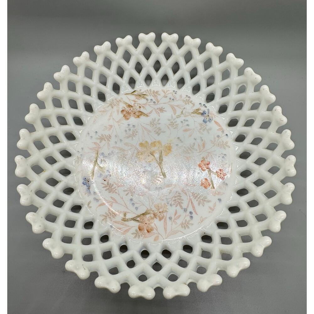 Vtg. Milk Glass Painted Floral Bowl Basket weave Lattice Fruit Compote Open Lace